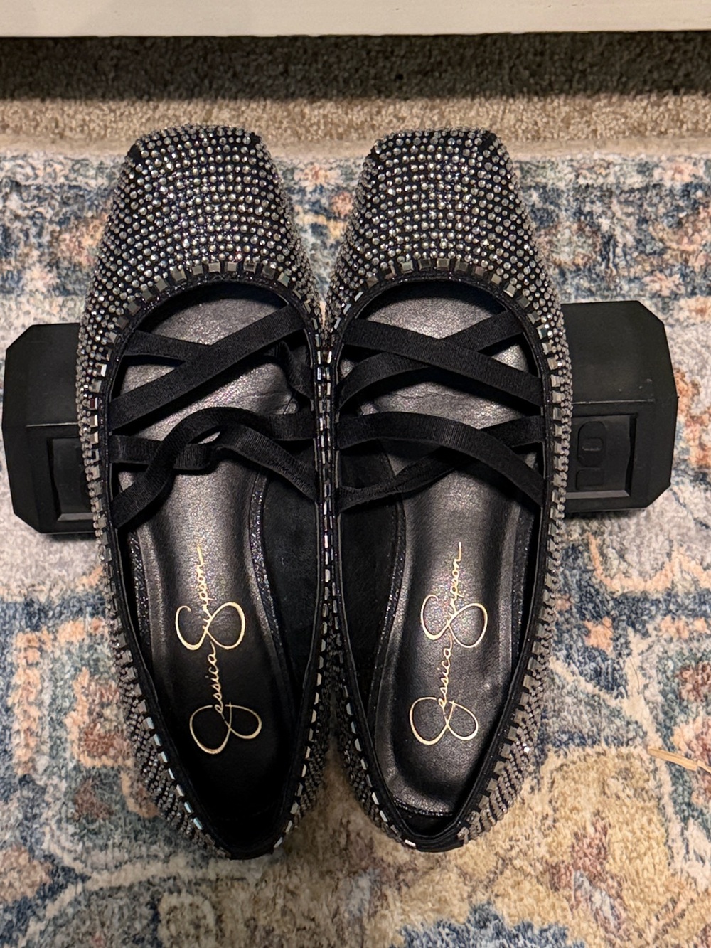 Jessica Simpson Black Crystal-Embellished Ballet Flats with Cross Straps